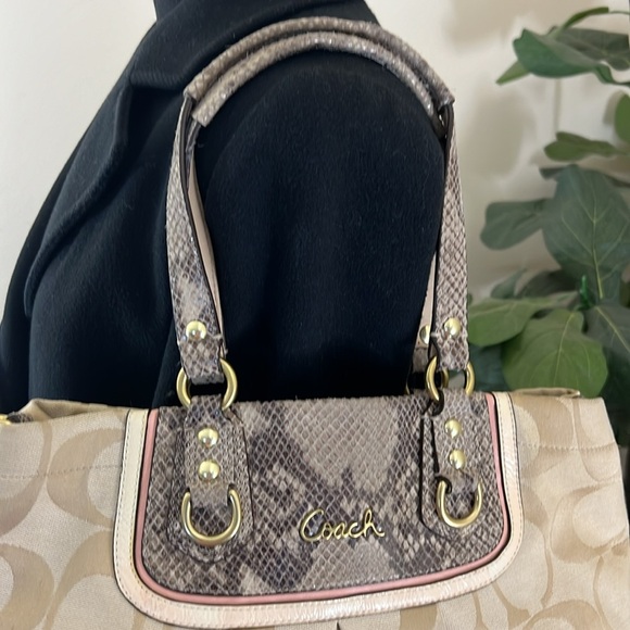 Coach Beige Signature Canvas And Python Embossed Leather Ashley Tote - Picture 3 of 16